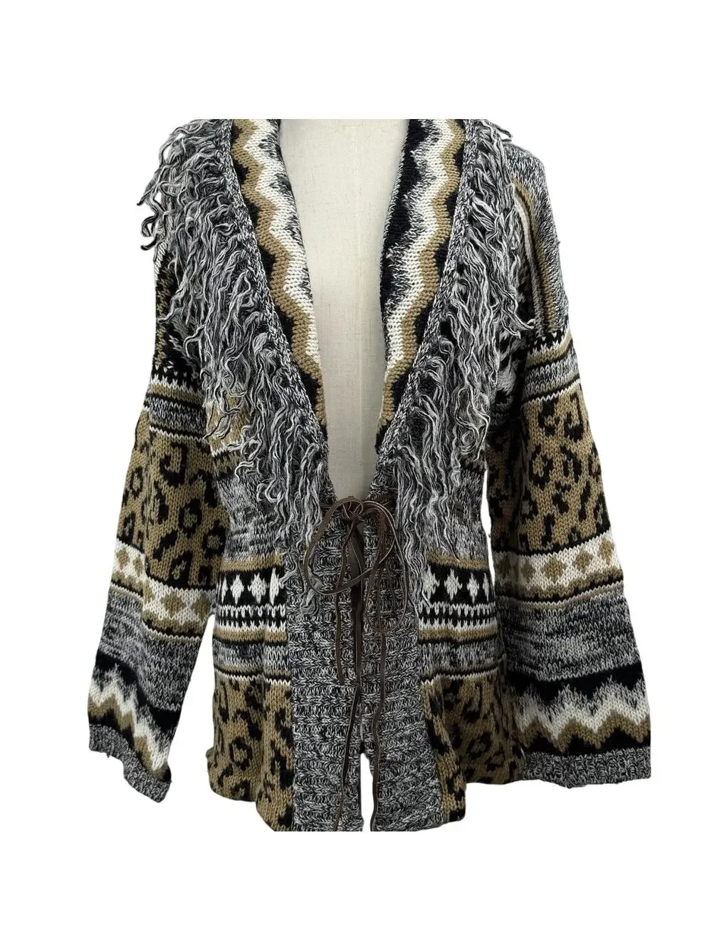 Vintage 80s‎ Together Cardigan Sweater Medium Leopard Print Fringe Chunky Knit